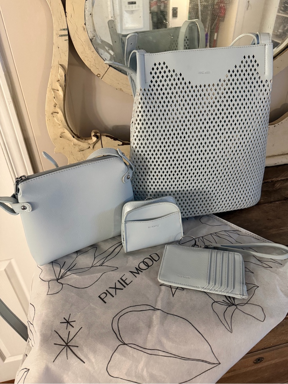 Pixie Mood Powder Blue Perforated Tote with Matching Accessories Set